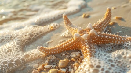 Fototapeta na wymiar Starfish on Beach Sand. Close up