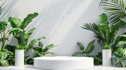 Empty round white podium or platform for product display on white wall background surrounded by green plants