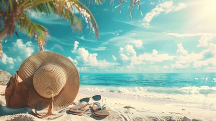 Straw hat, bag, sun glasses and flip flops on a tropical beach - obrazy, fototapety, plakaty