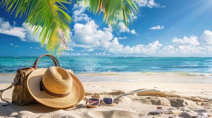 Straw hat, bag, sun glasses and flip flops on a tropical beach - obrazy, fototapety, plakaty