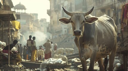 Streetlife Cow in Varanasi India - obrazy, fototapety, plakaty