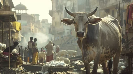 Papier Peint photo Lavable Ruelle étroite Streetlife Cow in Varanasi India