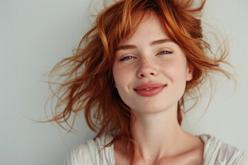 Naklejka premium Happy pretty young european woman beauty of fashion model on background. Smiling girl with healthy pure skin and beautiful hair advertising skincare haircare or cosmetic product. Closeup face portrait