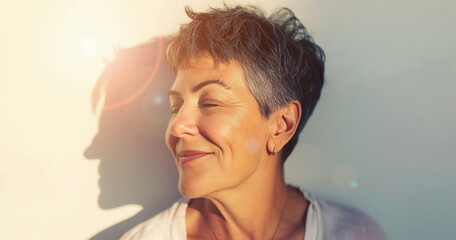 Close up portrait of happy mature woman with short gray hair, standing in sunshine and smiling, lens flare and white background - Powered by Adobe