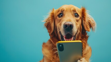 Golden Retriever Taking Selfie with Cell Phone - obrazy, fototapety, plakaty