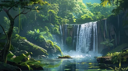 Poster Beautiful waterfall in tropical forest - beautiful natural landscape in the forest © buraratn