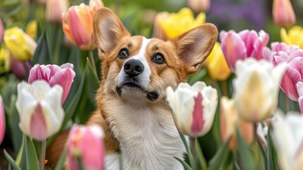 Black nose of welsh corgi pembrok funny dog in spring flowers pink, white and yellow tulips. spring and summer blooming and allergy season. High quality photo - obrazy, fototapety, plakaty