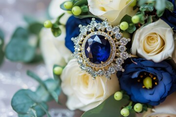 sapphire brooch pinned on a bridal bouquet - obrazy, fototapety, plakaty