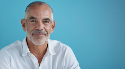 Obraz premium Close up studio headshot of professional middle aged man with gray hair, beard and blue background