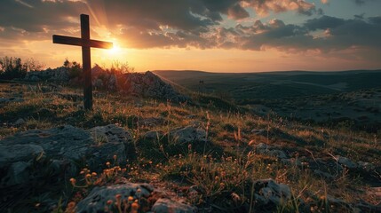 Christian cross on hill outdoors at sunset. Crucifixion Of Jes