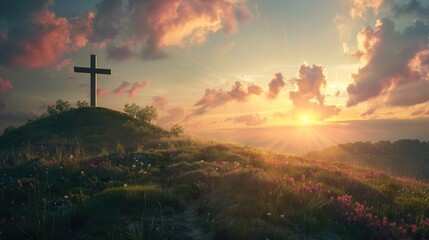 Fototapeta na wymiar Christian cross on hill outdoors at sunset. Crucifixion Of Jes