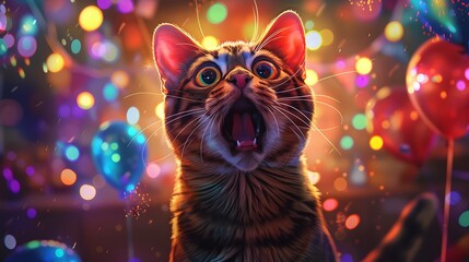 Whimsical Cat Floating Amongst Balloons and Colorful Explosions Mouth open surprise