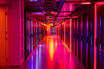 Neon-lit server room with a perspective of data cabinets