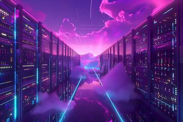 Sci-fi server room with neon lights and ethereal clouds - obrazy, fototapety, plakaty
