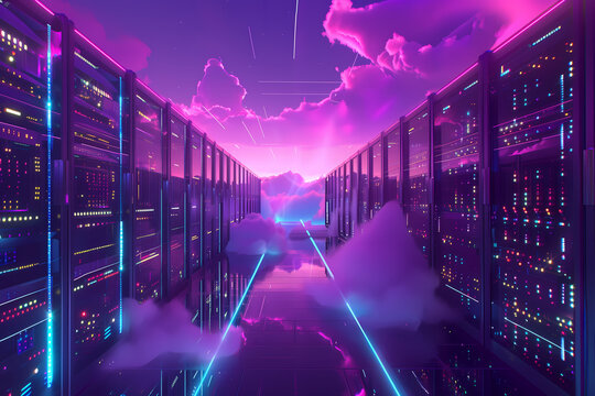 Sci-fi server room with neon lights and ethereal clouds