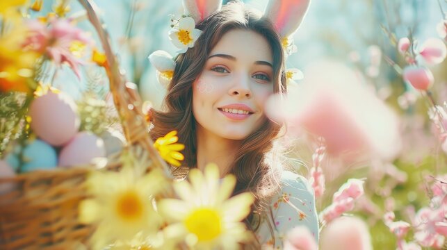 Easter egg hunt in spring garden. Funny teen girl with eggs basket and bunny ears on Easter egg hunt in sunny spring garden. Celebrating Easter. Happy easter card