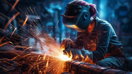 Woman working with electric welding wearing protective mask and gloves - obrazy, fototapety, plakaty