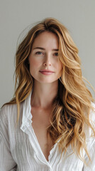 Fototapeta premium Happy attractive confident young adult or mid aged European woman posing for beauty aesthetic portrait. Beautiful lady smiling on background, attractive female model looking at camera. Close up face .