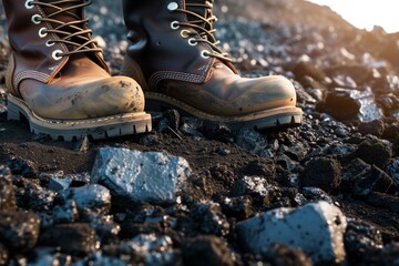 mining boots on rocky soil superimposed with crushed coal