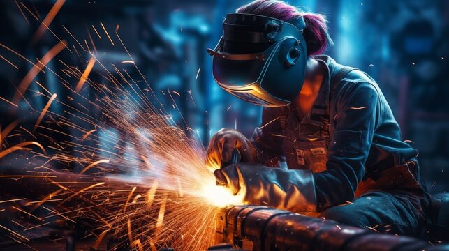 Woman working with electric welding wearing protective mask and gloves