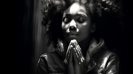 Black and white portrait of emotionally and desperately praying young woman on dark background