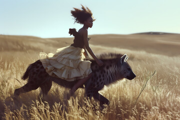 Girl riding a hyena in a serene savannah landscape - obrazy, fototapety, plakaty