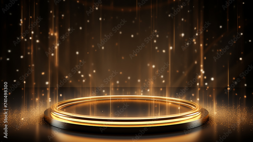Wall mural golden round podium with light clouds, a stage for a new product with an empty copy space
