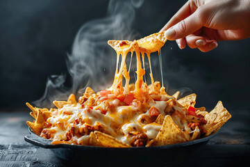 close up horizontal image of a hot plate of nachos chips with melted cheese and bacon, hand taking a portion to taste Generative AI
