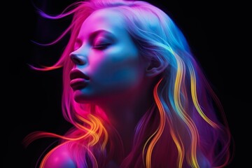 Portrait of a young girl under UV lights  Woman with colored hair, neon makeup neon hairs on black background  

 