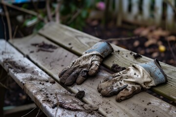 Obraz premium dirtcaked gloves on a wooden bench
