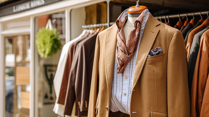 Menswear store in English countryside style, autumn winter clothing collection