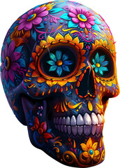 Striking sugar skull with flower isolated on transparent background
