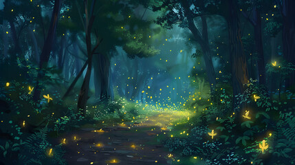 A forest with a path full of fireflies and a forest floor,
A magical forest glade with glowing fireflies - obrazy, fototapety, plakaty