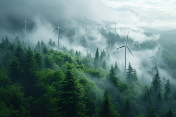 The orderly arrangement of wind turbines on a hillside next to the random growth patterns of a forest, showcasing the planned cohabitation of renewable energy and natural ecosystems.  Generative Ai. - obrazy, fototapety, plakaty