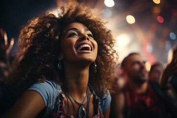 In the midst of the disco party's vibrant ambiance, a young African American woman moves gracefully to the music, her infectious smile lighting up the dance floor with joy