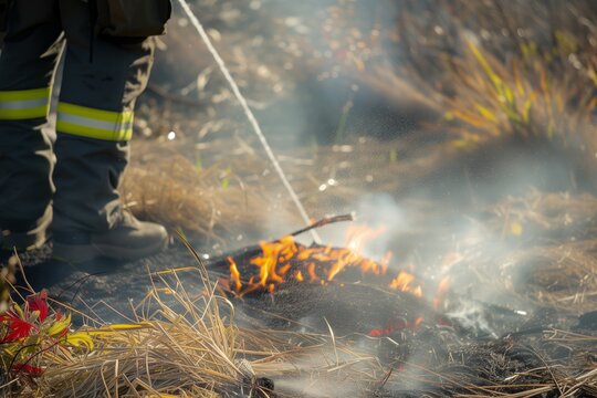 firefighter spraying water on burning dry field grass