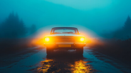 Fototapeta na wymiar free space for title and Shot of car with bright headlights piercing through thick morning fog