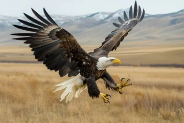 Gartenposter eagle swooping down towards the grasslands with claws outstretched © studioworkstock