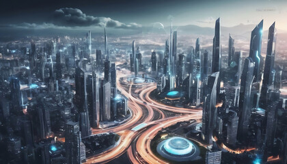 Digital modern futuristic city architecture buildings city scape in urban technological background banner  