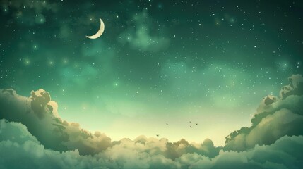 Green gradient sky with clouds and moon, sweet dreams background