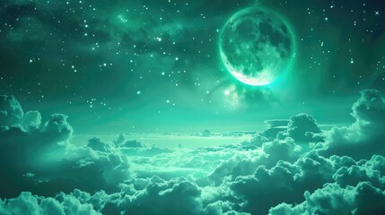 Green sky with clouds and moon, sweet dreams background