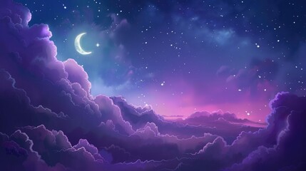 Purple gradient sky with clouds and moon, sweet dreams background - obrazy, fototapety, plakaty