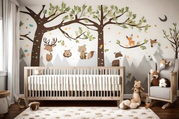 An adorable woodland-themed baby nursery with tree decals, cute animal prints, and a rustic crib. A delightful space to inspire the imagination