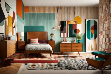 A mid-century modern bedroom with retro furniture, geometric patterns, and bold colors, capturing the essence of vintage design with a contemporary twist