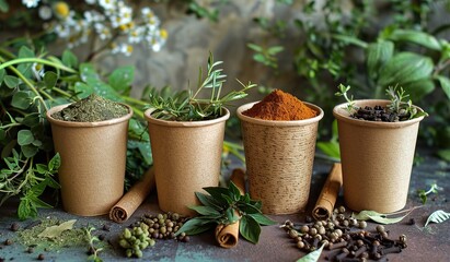 Eco-friendly cups filled with fresh herbs and spices.  — a vivid demonstration of natural ingredients for cooking and health