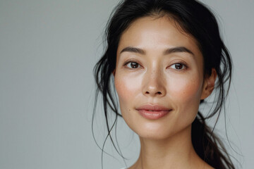 Beautiful Asian woman of middle age posing for beauty portrait. Pretty mature adult lady model from Asia looking at camera smiling on background advertising anti aging skin care. Face skincare .