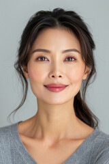 Naklejka premium Beautiful confident Asian woman of middle age posing for portrait. Pretty mature adult lady model from Asia looking at camera smiling on background advertising products and services. Close up face .