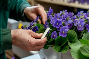 florist attaching a card to a bouquet of violets