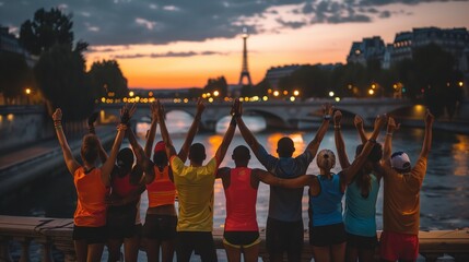 Diverse group of athletes celebrating victory on a Parisian bridge, showing unity and joy, with the Seine River reflecting the city lights - obrazy, fototapety, plakaty