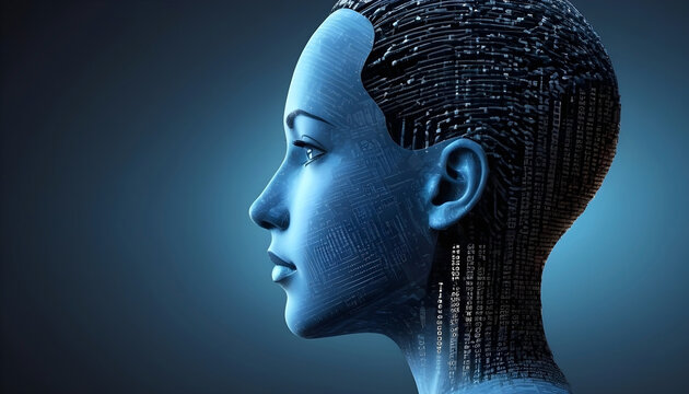 Beautiful Ai robot woman model face, looking at side with blue ambient background, created with digital codes